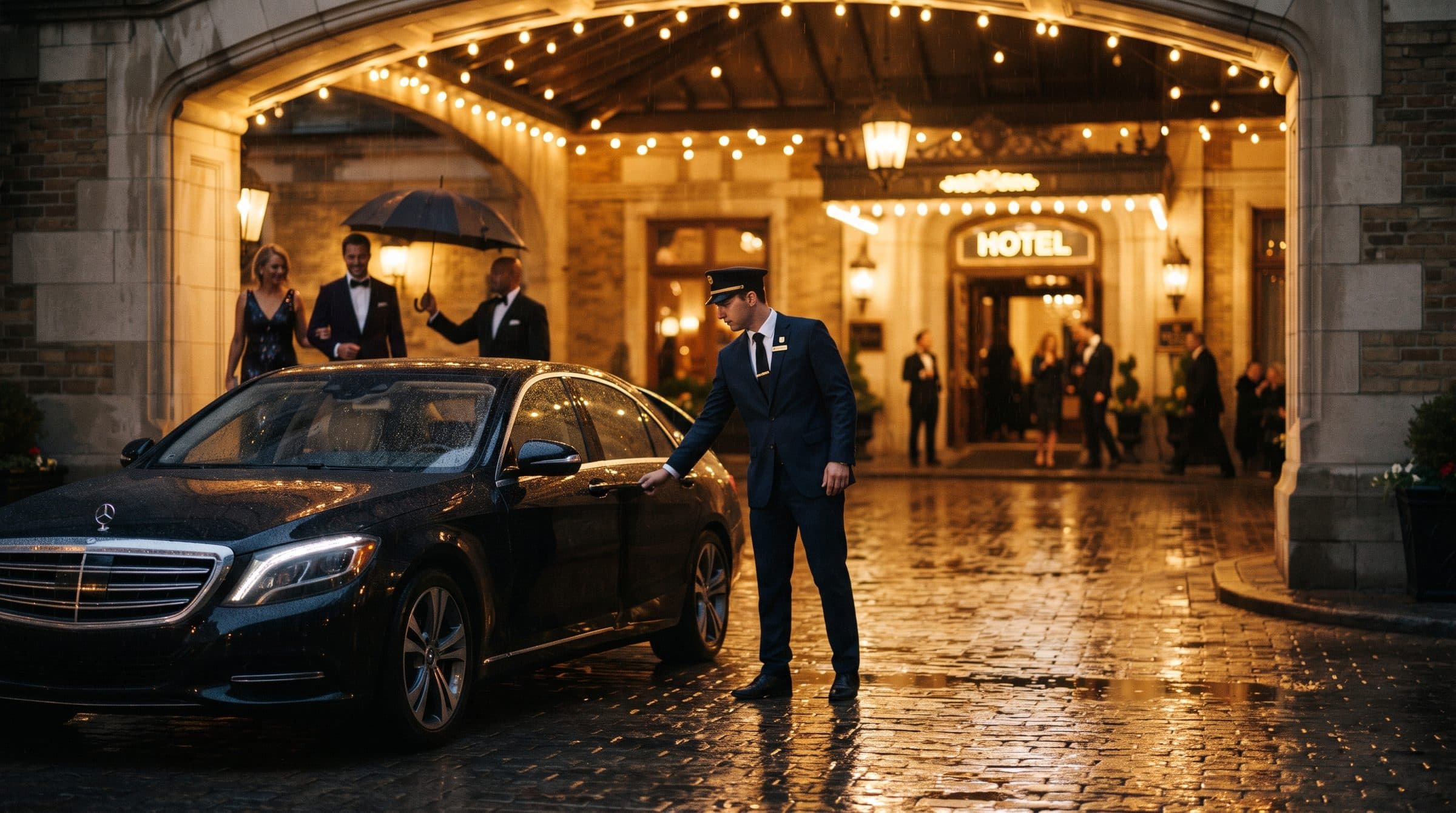 A car arriving at a venue at night